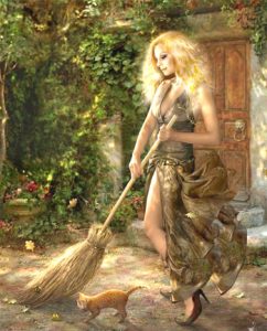 woman sweeping with cat for blog